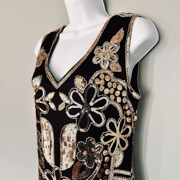 Retro Flapper Dress L Sequin Showgirl Black Fringe Roaring 20s Gatsby Burlesque - Picture 3 of 12